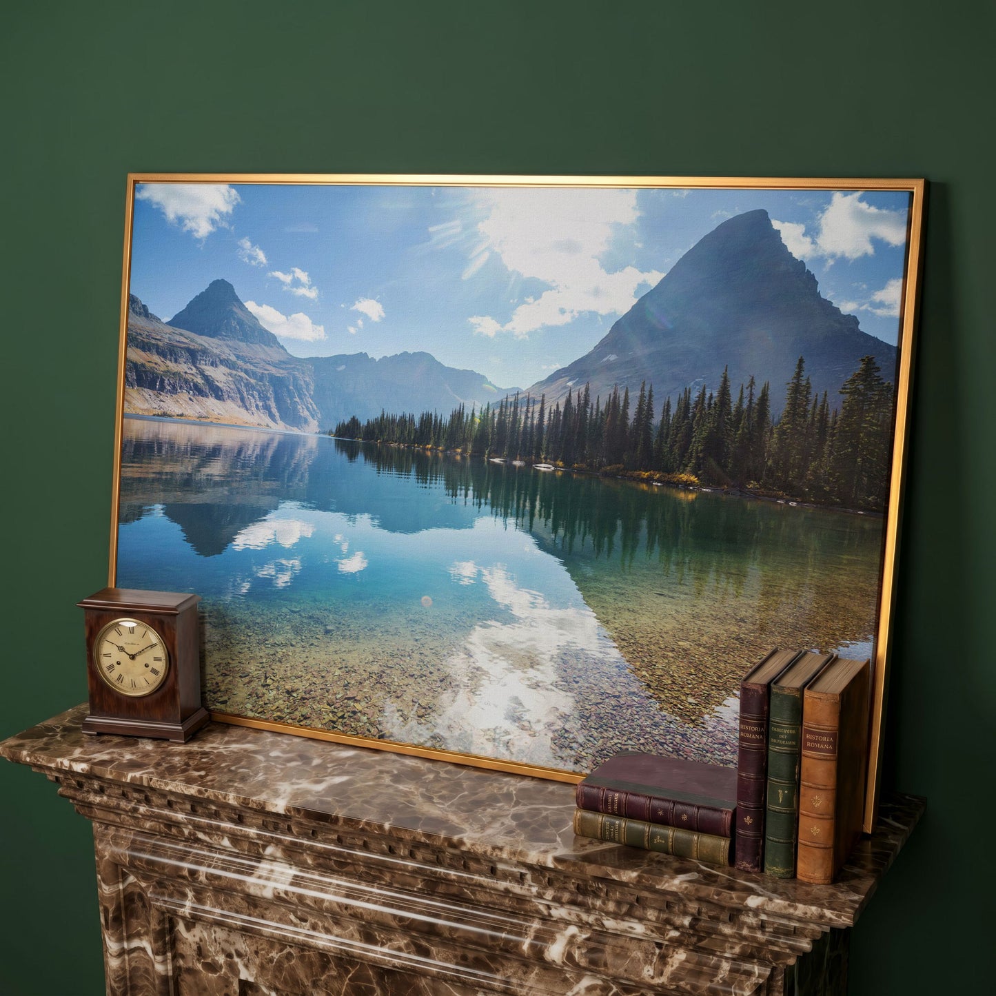 Rocky Peaks Canvas Print with Glacier National Park Reflection in antique gold floating frame