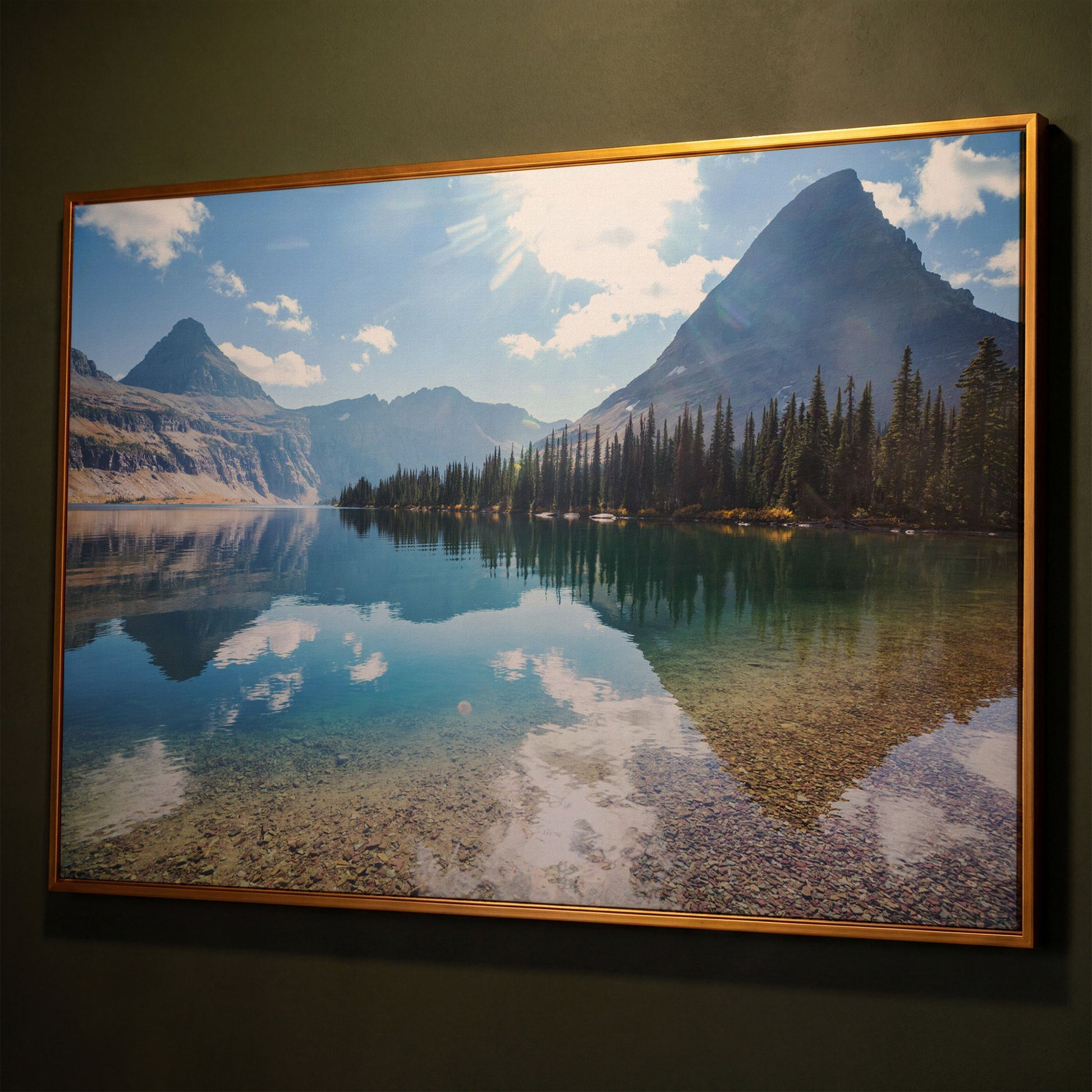 Rocky Peaks Canvas Print with Glacier National Park Reflection shown in antique gold floating frame