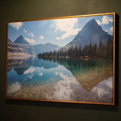 Rocky Peaks Canvas Print with Glacier National Park Reflection shown in antique gold floating frame