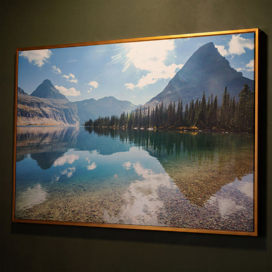 Rocky Peaks Canvas Print with Glacier National Park Reflection shown in antique gold floating frame
