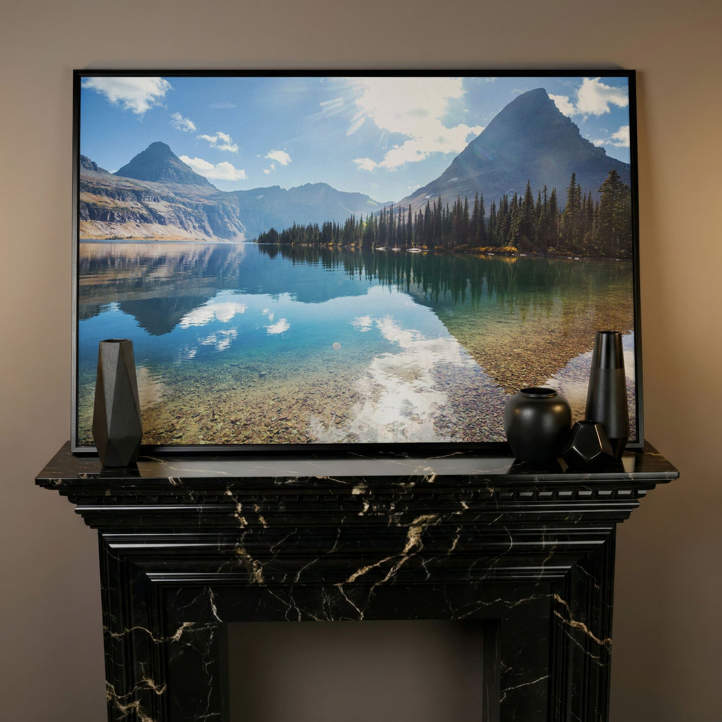 Rocky Peaks Canvas Print with Glacier National Park Reflection in black floating frame