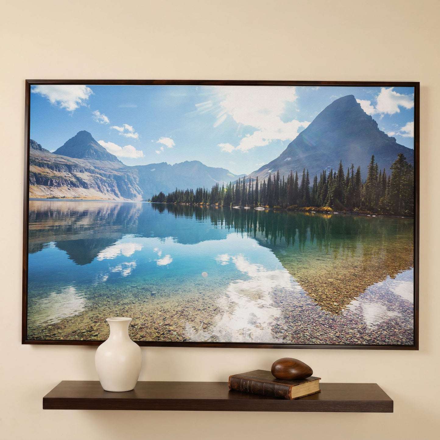 Rocky Peaks Canvas Print with Glacier National Park Reflection in dark walnut floating frame