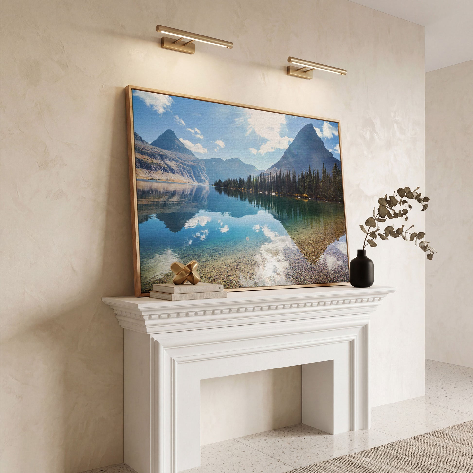Rocky Peaks Canvas Print with Glacier National Park Reflection in white oak floating frame