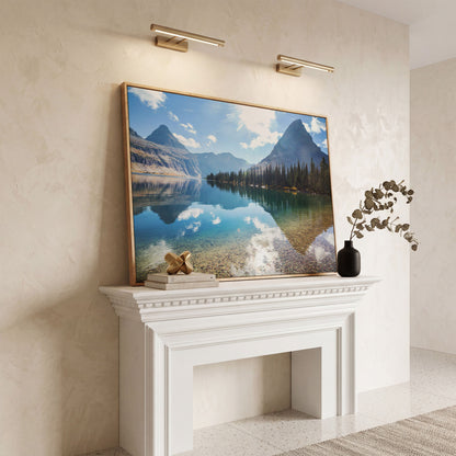 Rocky Peaks Canvas Print with Glacier National Park Reflection in white oak floating frame