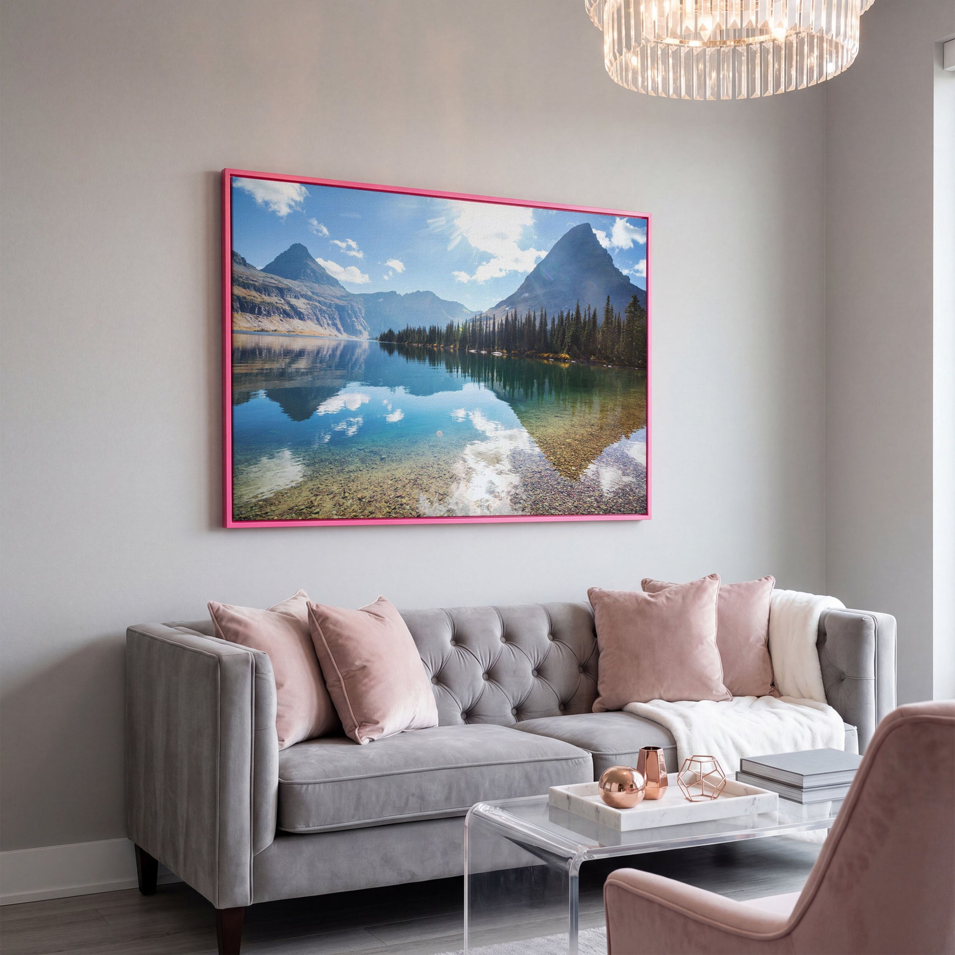 Rocky Peaks Canvas Print with Glacier National Park Reflection in pink floating frame
