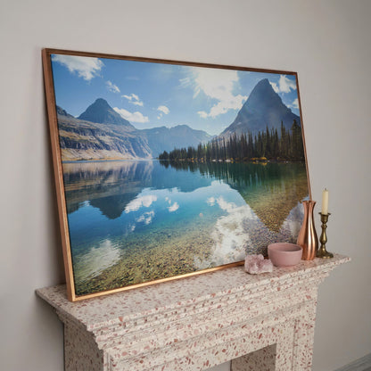 Rocky Peaks Canvas Print with Glacier National Park Reflection in rose gold floating frame