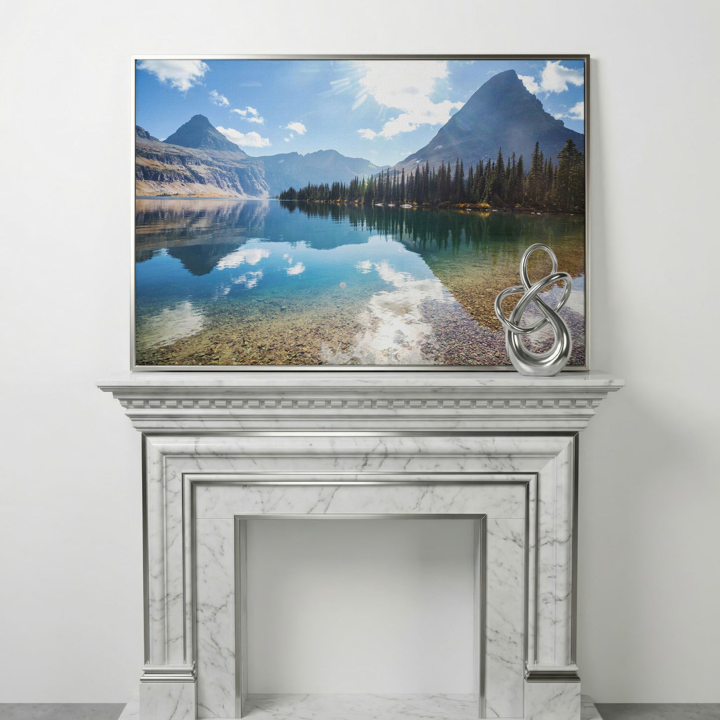 Rocky Peaks Canvas Print with Glacier National Park Reflection in silver floating frame