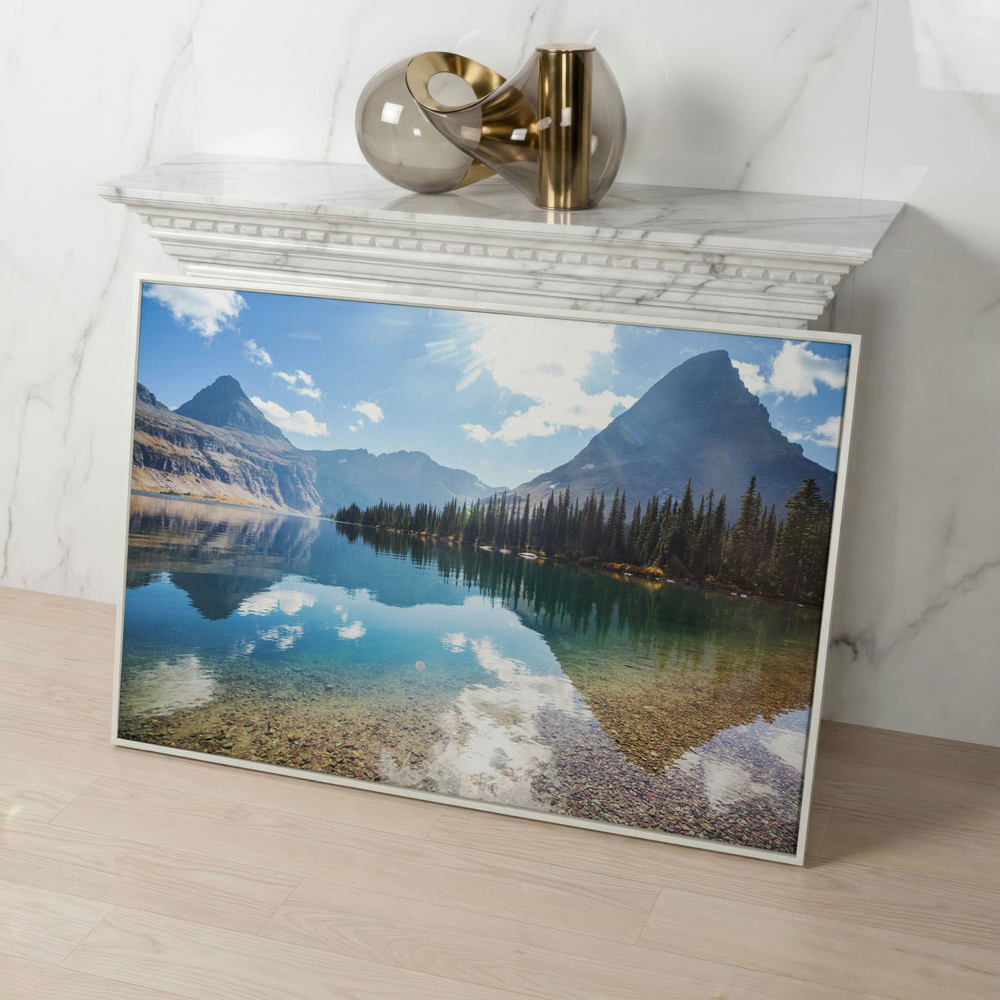 Rocky Peaks Canvas Print with Glacier National Park Reflection in white floating frame