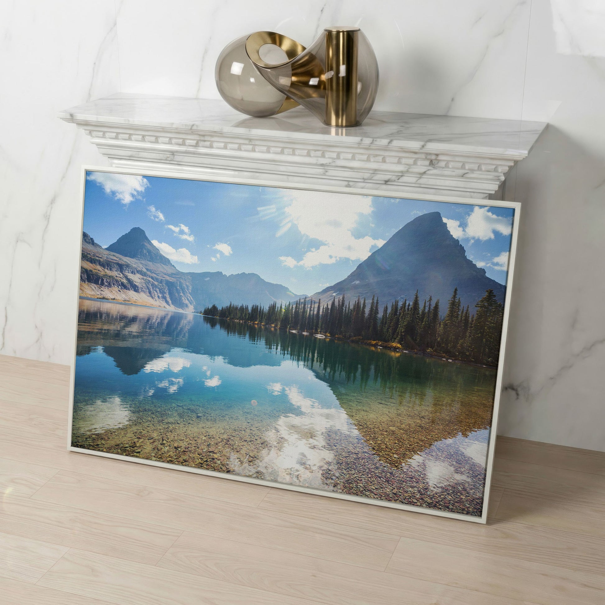 Rocky Peaks Canvas Print with Glacier National Park Reflection in white floating frame