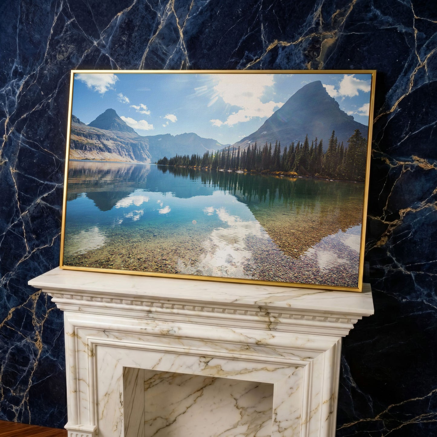 Rocky Peaks Canvas Print with Glacier National Park Reflection in yellow gold floating frame