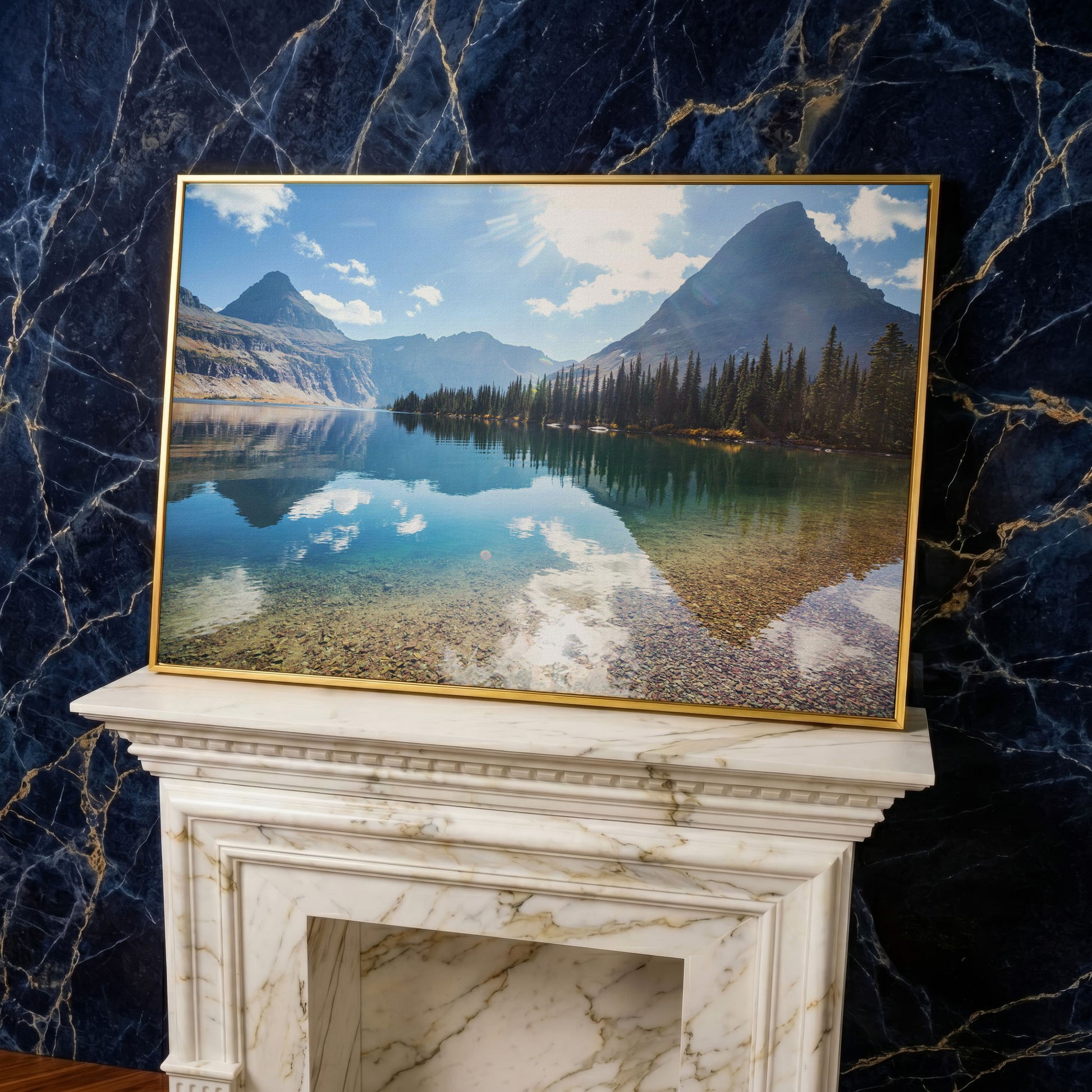 Rocky Peaks Canvas Print with Glacier National Park Reflection in yellow gold floating frame