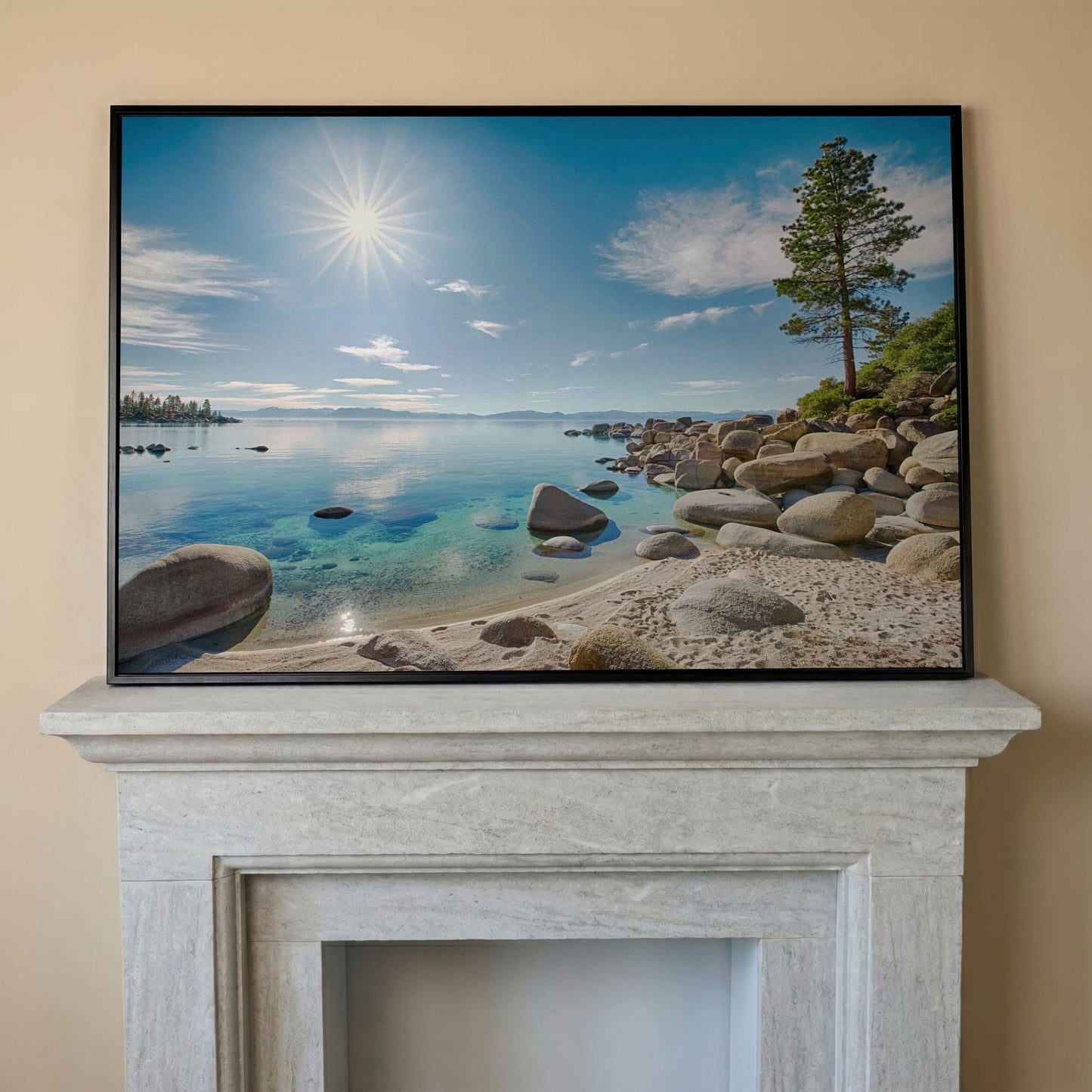 Lake Tahoe East Shore Canvas Print with Lone Pine and Boulder Beach in black floating frame