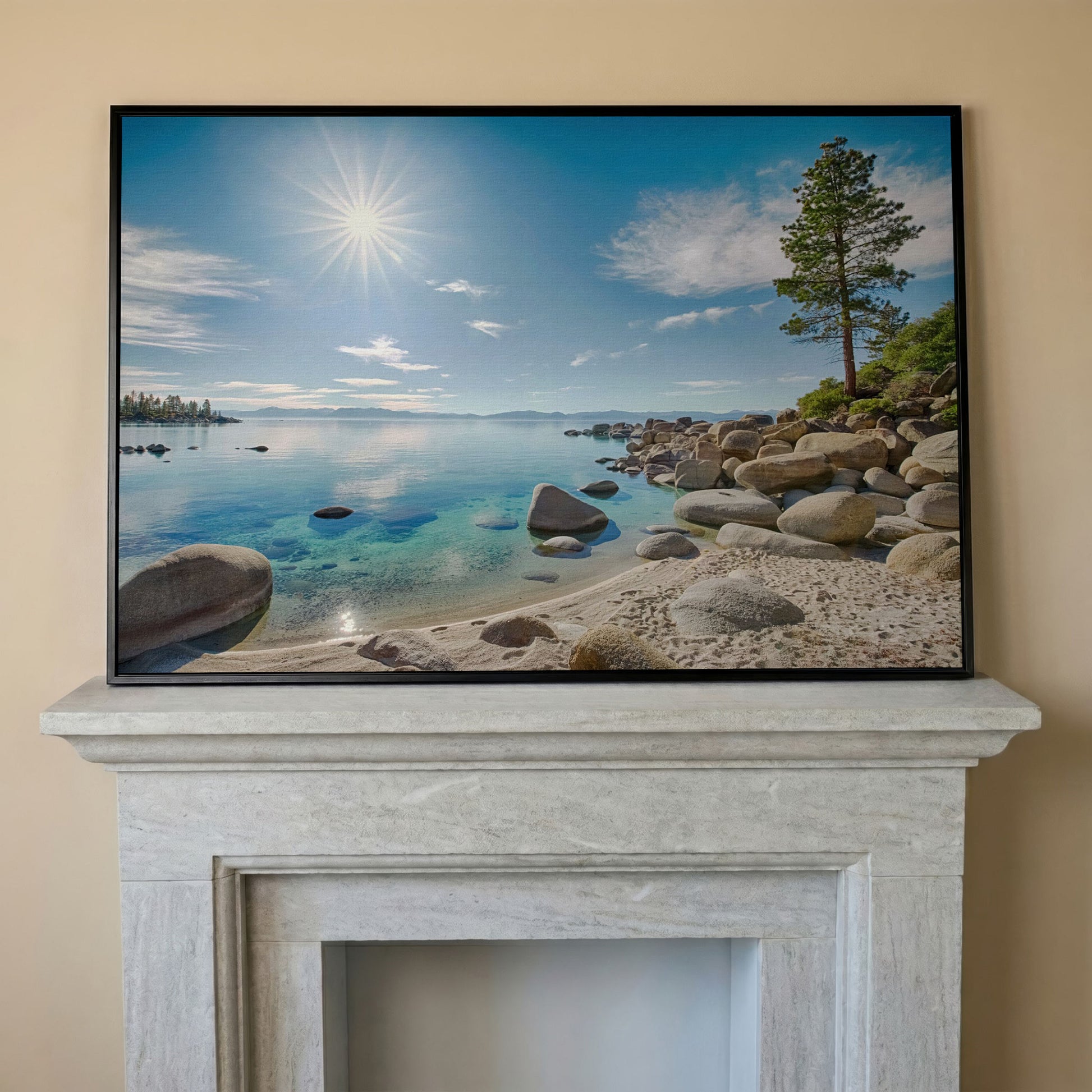 Lake Tahoe East Shore Canvas Print with Lone Pine and Boulder Beach in black floating frame