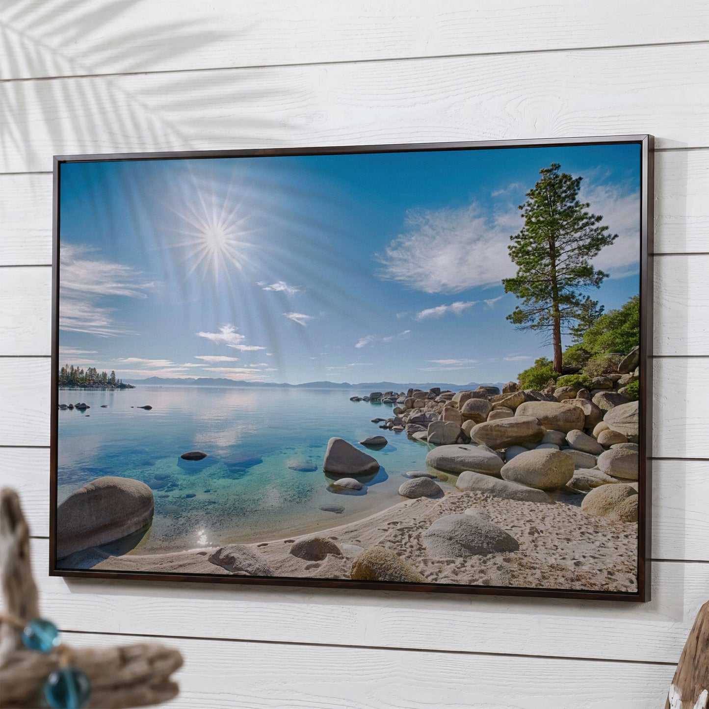 Lake Tahoe East Shore Canvas Print with Lone Pine and Boulder Beach in dark walnut floating frame