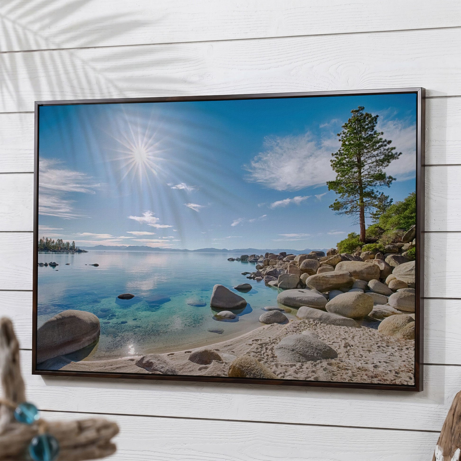 Lake Tahoe East Shore Canvas Print with Lone Pine and Boulder Beach in dark walnut floating frame