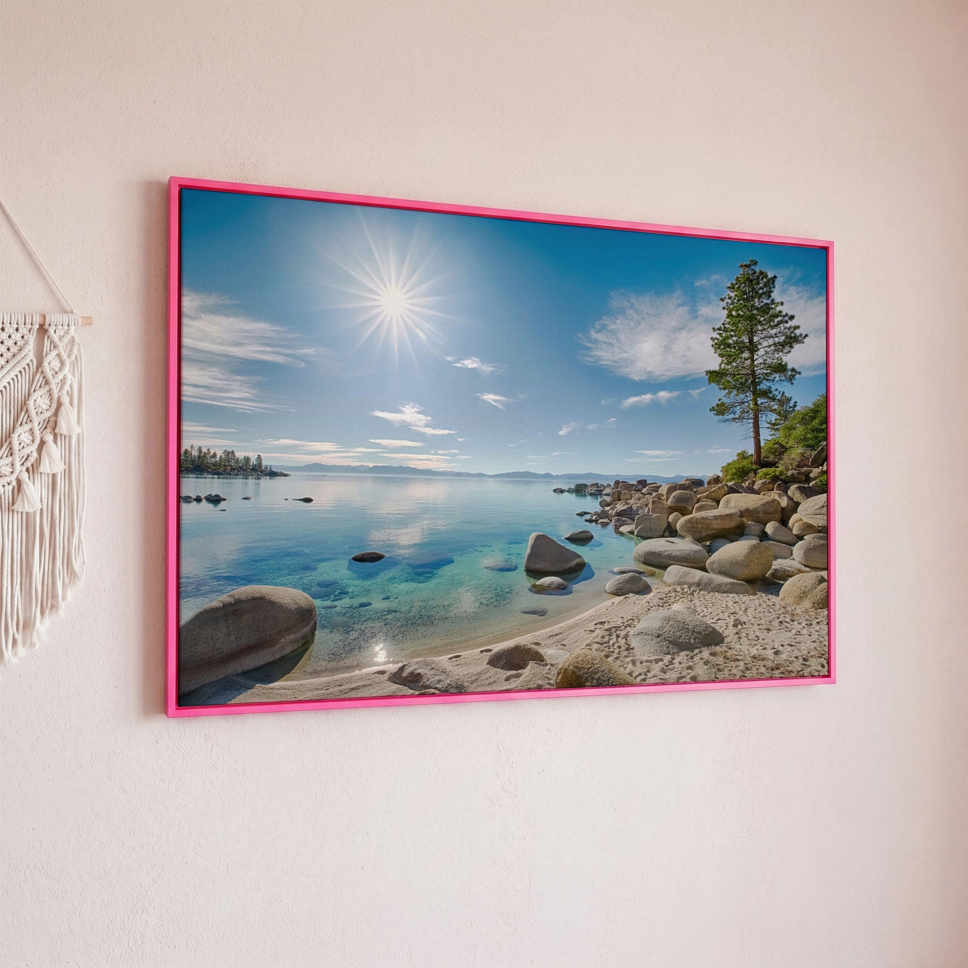 Lake Tahoe East Shore Canvas Print with Lone Pine and Boulder Beach in pink floating frame