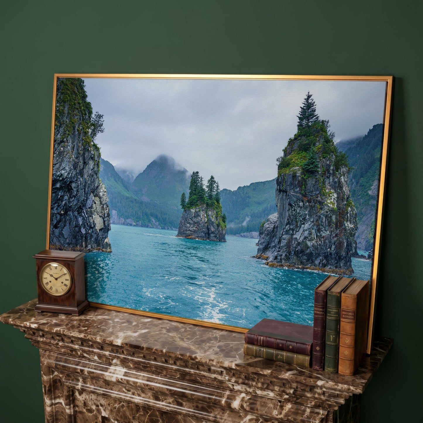 Serene Blue Waters and Trees Canvas Print. Alaska in antique gold floating frame