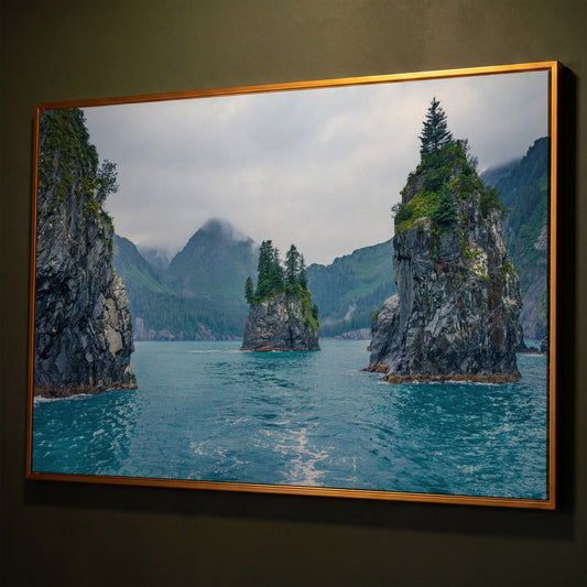 Serene Blue Waters and Trees Canvas Print. Alaska shown in antique gold floating frame
