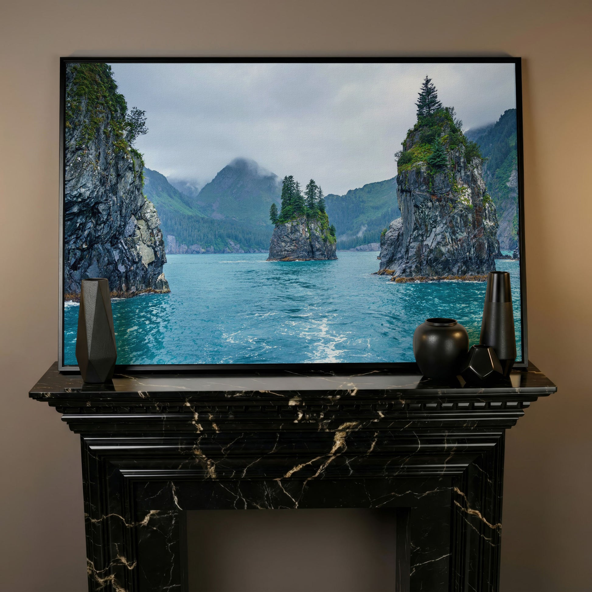 Serene Blue Waters and Trees Canvas Print. Alaska in black floating frame