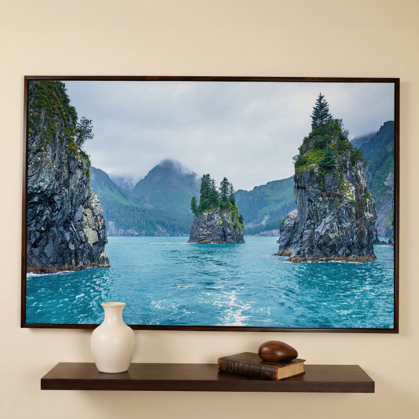 Serene Blue Waters and Trees Canvas Print. Alaska in dark walnut floating frame