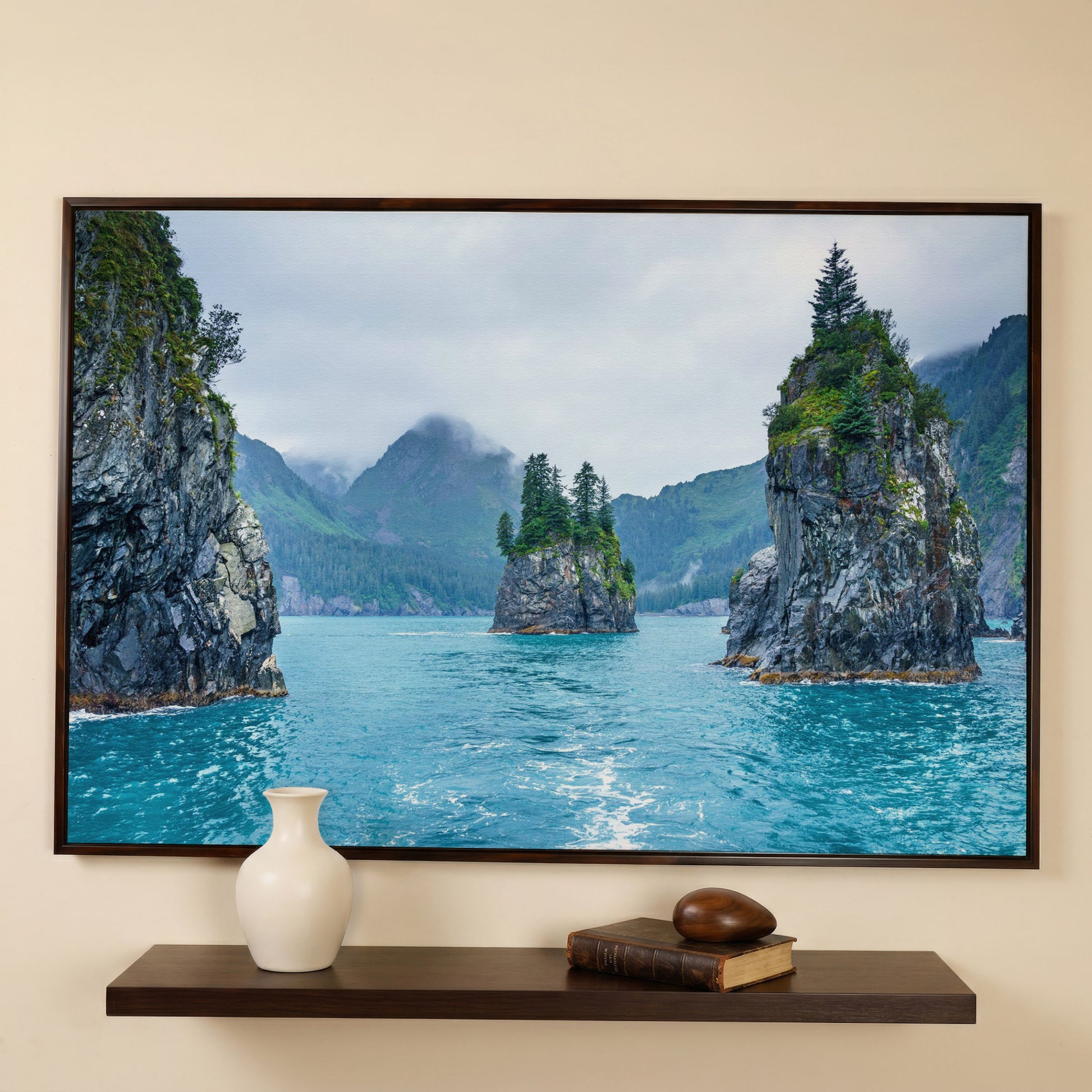 Serene Blue Waters and Trees Canvas Print. Alaska in dark walnut floating frame