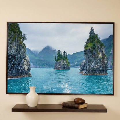 Serene Blue Waters and Trees Canvas Print. Alaska in dark walnut floating frame