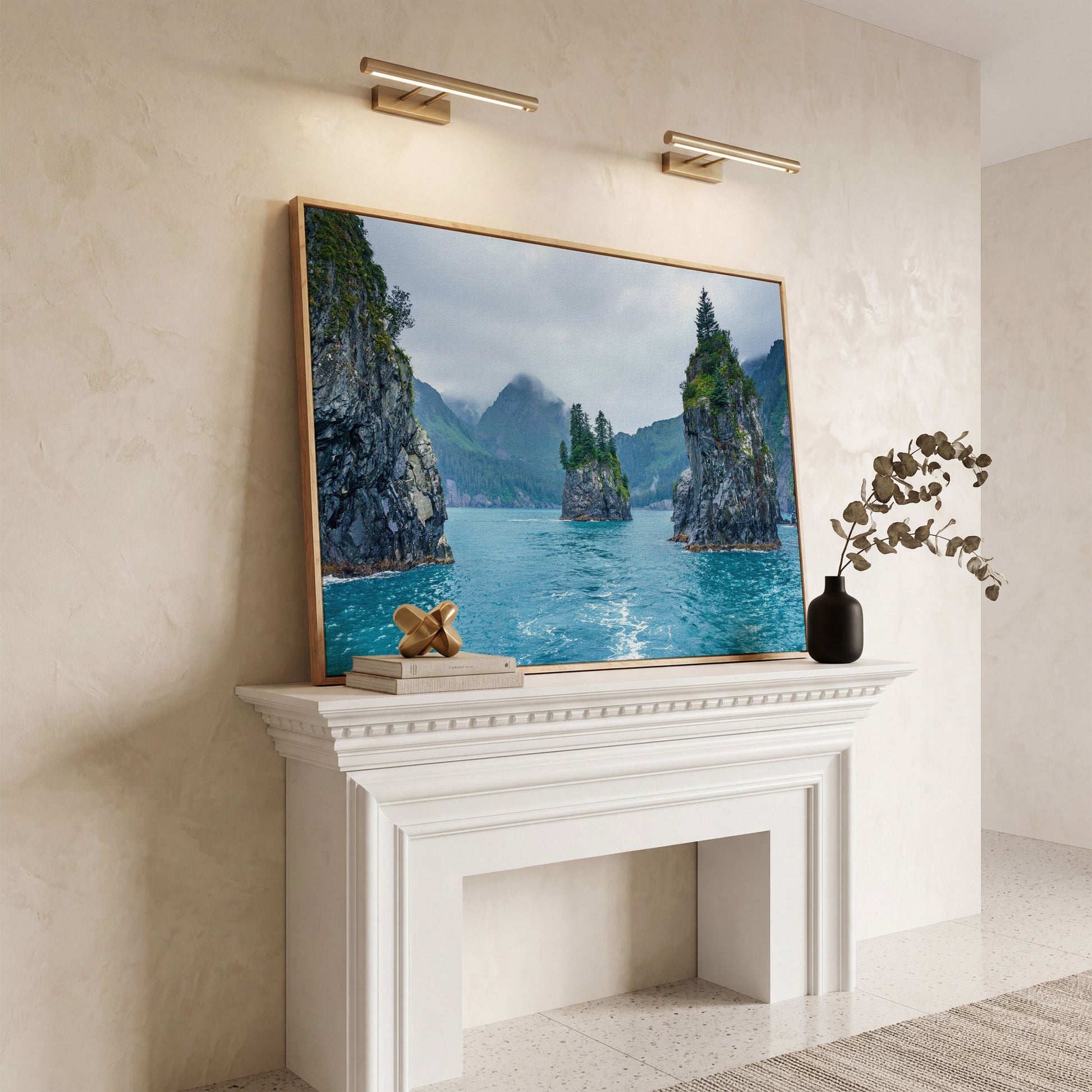Serene Blue Waters and Trees Canvas Print. Alaska in white oak floating frame