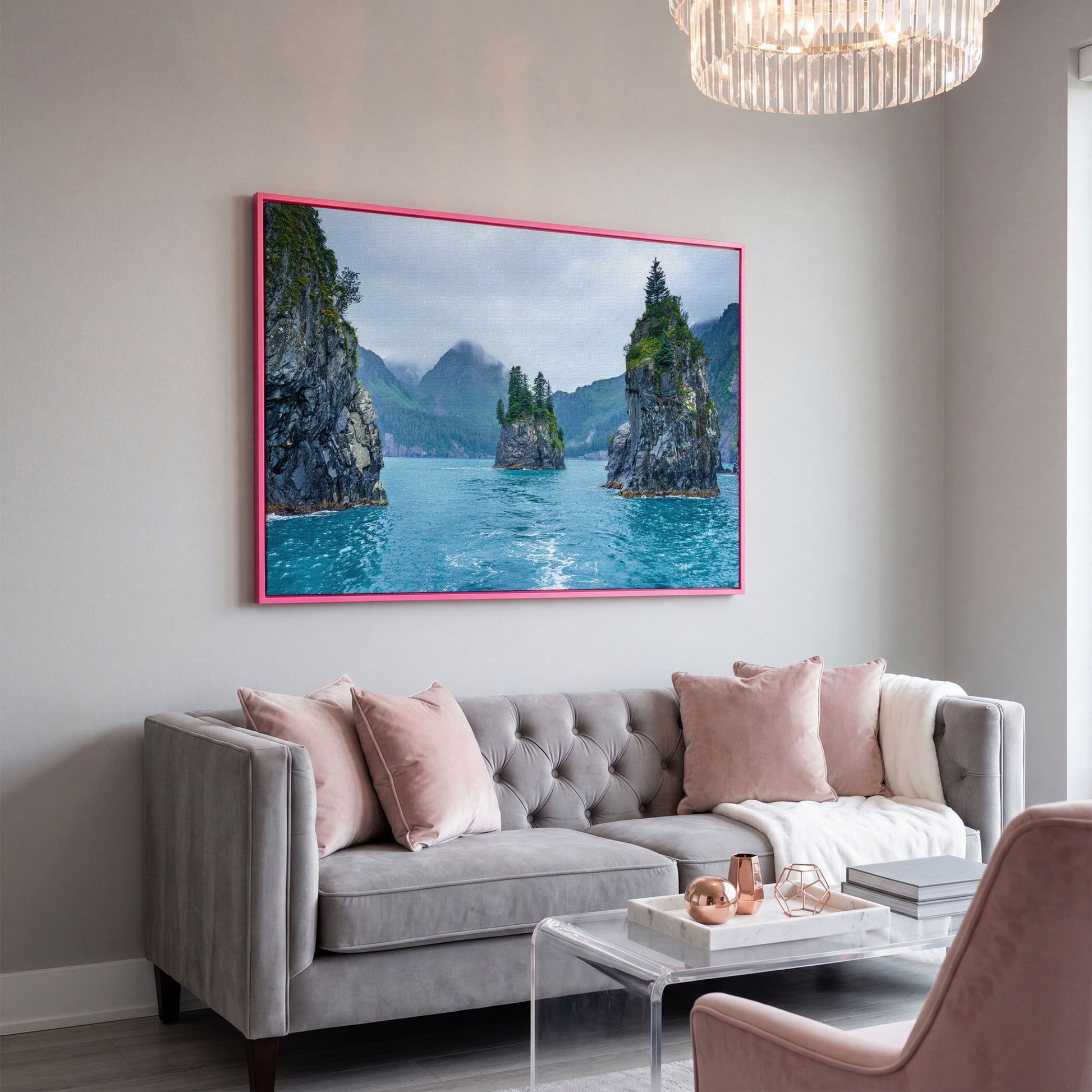 Serene Blue Waters and Trees Canvas Print. Alaska in pink floating frame