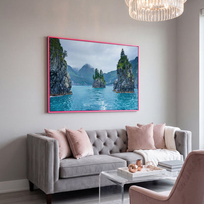 Serene Blue Waters and Trees Canvas Print. Alaska in pink floating frame