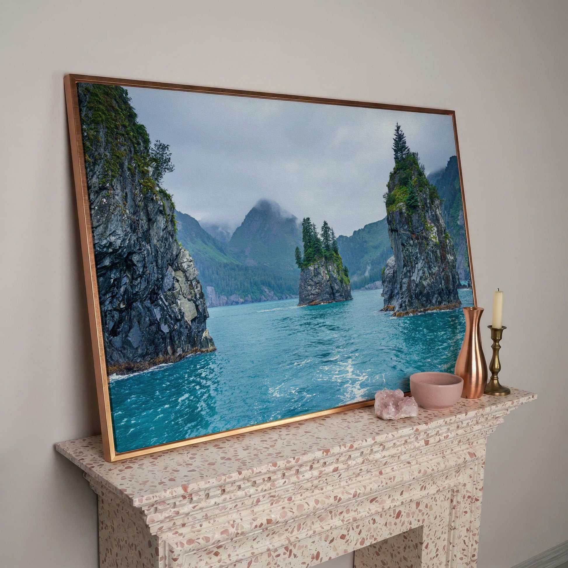 Serene Blue Waters and Trees Canvas Print. Alaska in rose gold floating frame