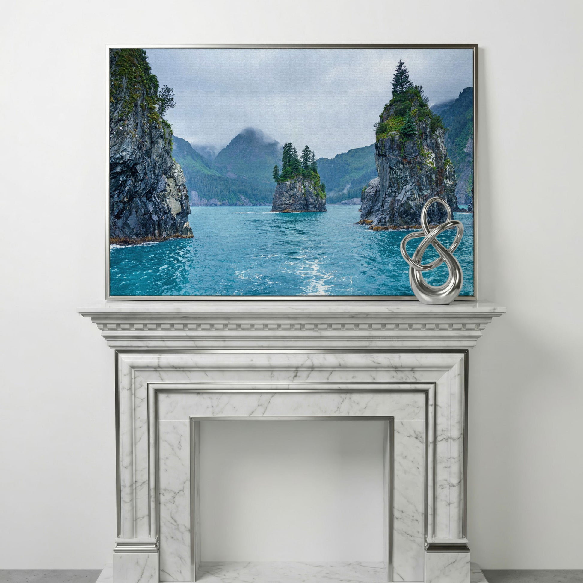Serene Blue Waters and Trees Canvas Print. Alaska in silver floating frame