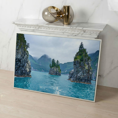 Serene Blue Waters and Trees Canvas Print. Alaska in white floating frame