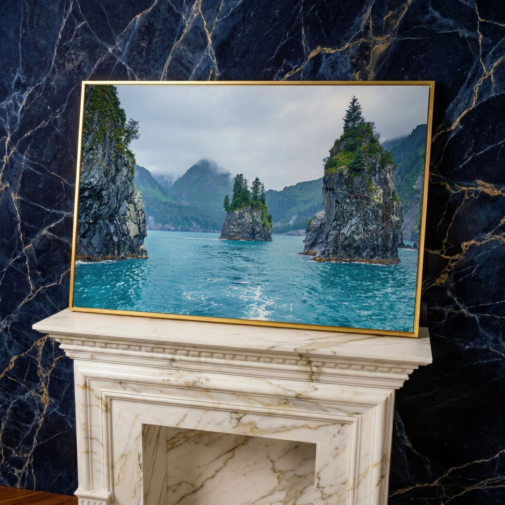 Serene Blue Waters and Trees Canvas Print. Alaska in yellow gold floating frame
