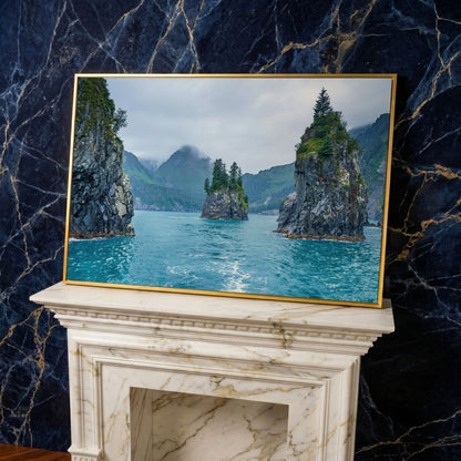 Serene Blue Waters and Trees Canvas Print. Alaska in yellow gold floating frame
