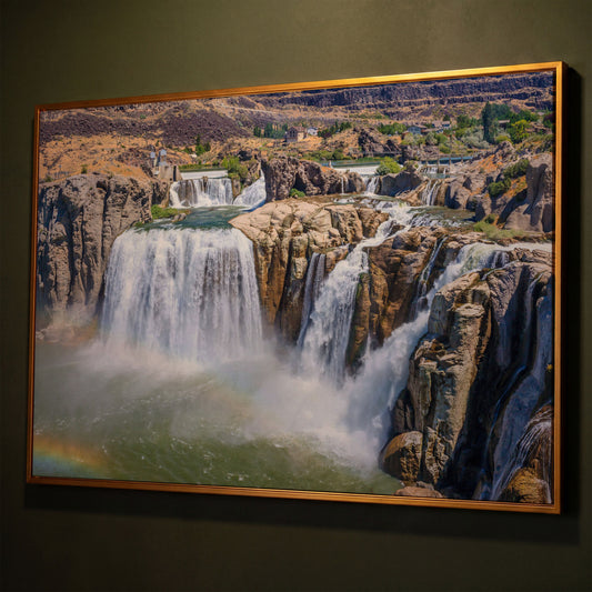 Shoshone Falls Park Panoramic Canvas Print shown in antique gold floating frame