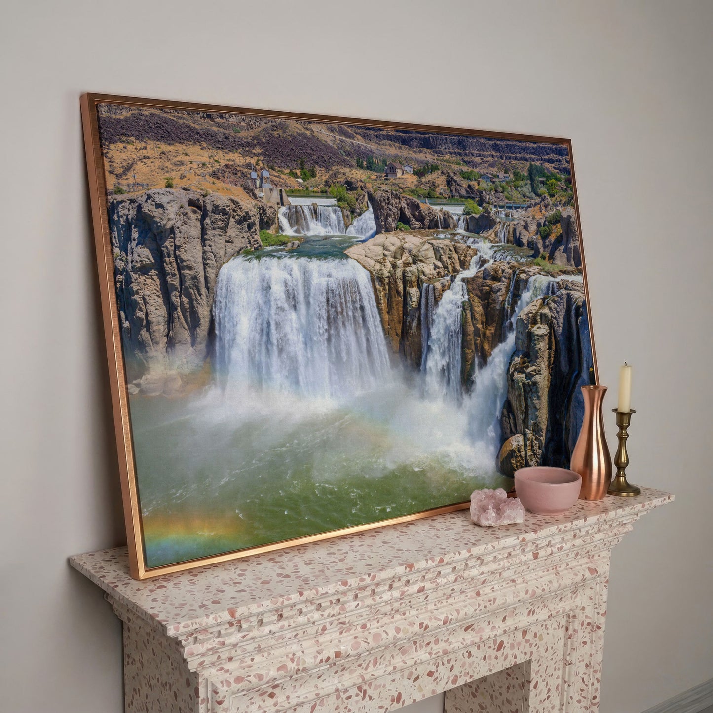 Shoshone Falls Park Panoramic Canvas Print in rose gold floating frame