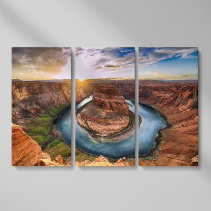 Horseshoe Bend Sunset Canvas Print. Grand Canyon Landscape as 3-panel split version