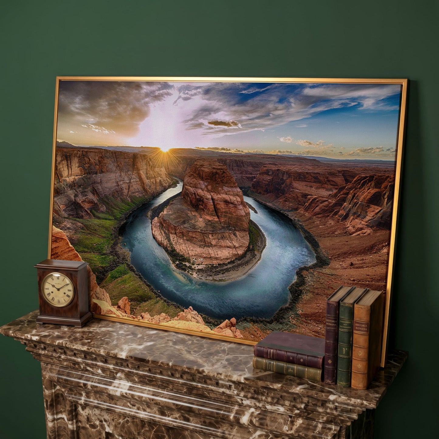 Horseshoe Bend Sunset Canvas Print. Grand Canyon Landscape in antique gold floating frame