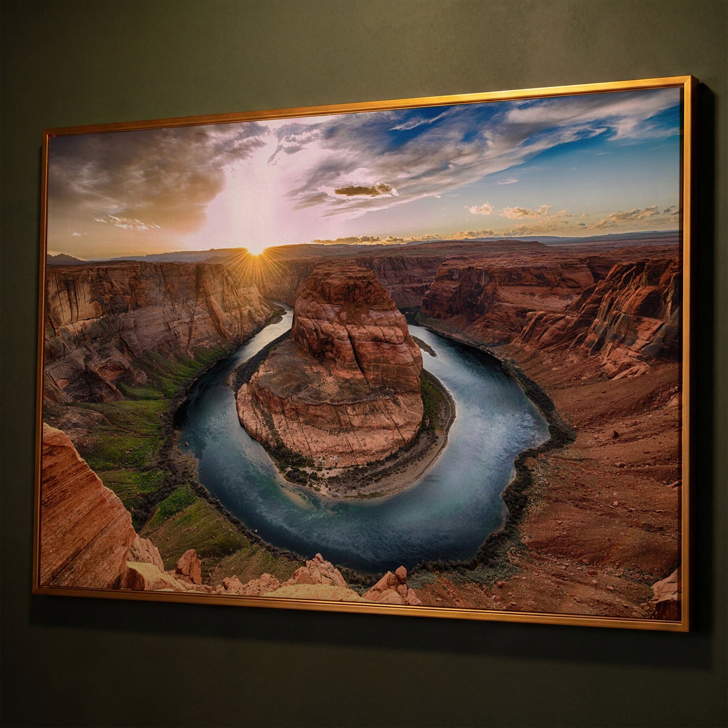 Horseshoe Bend Sunset Canvas Print. Grand Canyon Landscape shown in antique gold floating frame