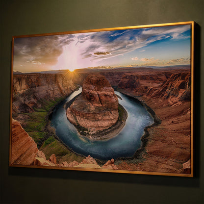 Horseshoe Bend Sunset Canvas Print. Grand Canyon Landscape shown in antique gold floating frame