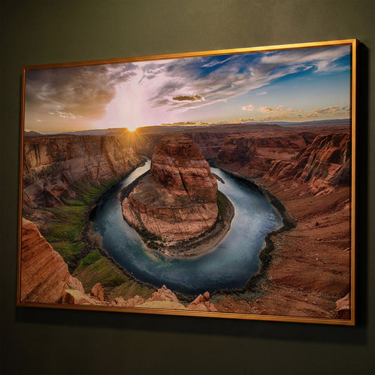 Horseshoe Bend Sunset Canvas Print. Grand Canyon Landscape shown in antique gold floating frame