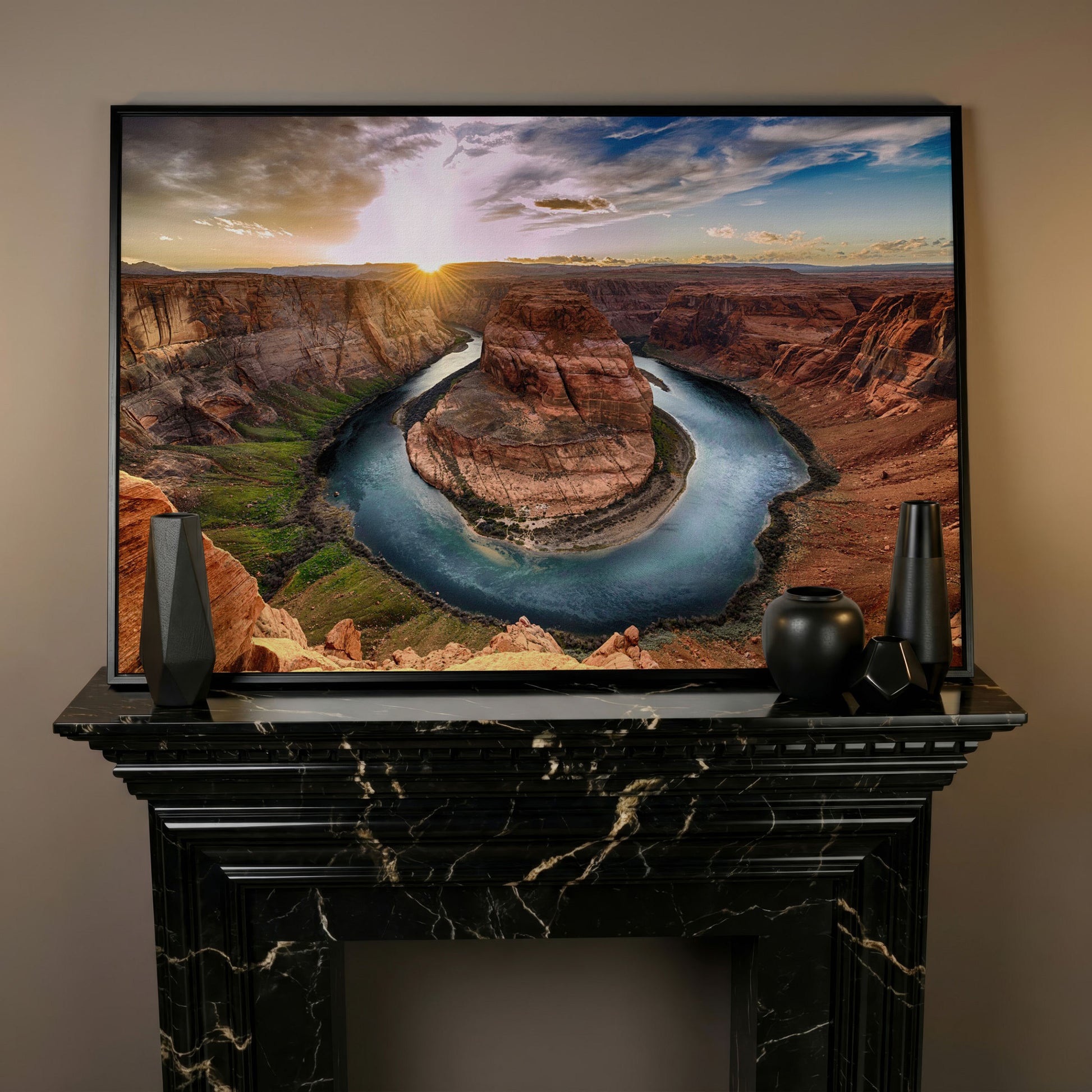 Horseshoe Bend Sunset Canvas Print. Grand Canyon Landscape in black floating frame