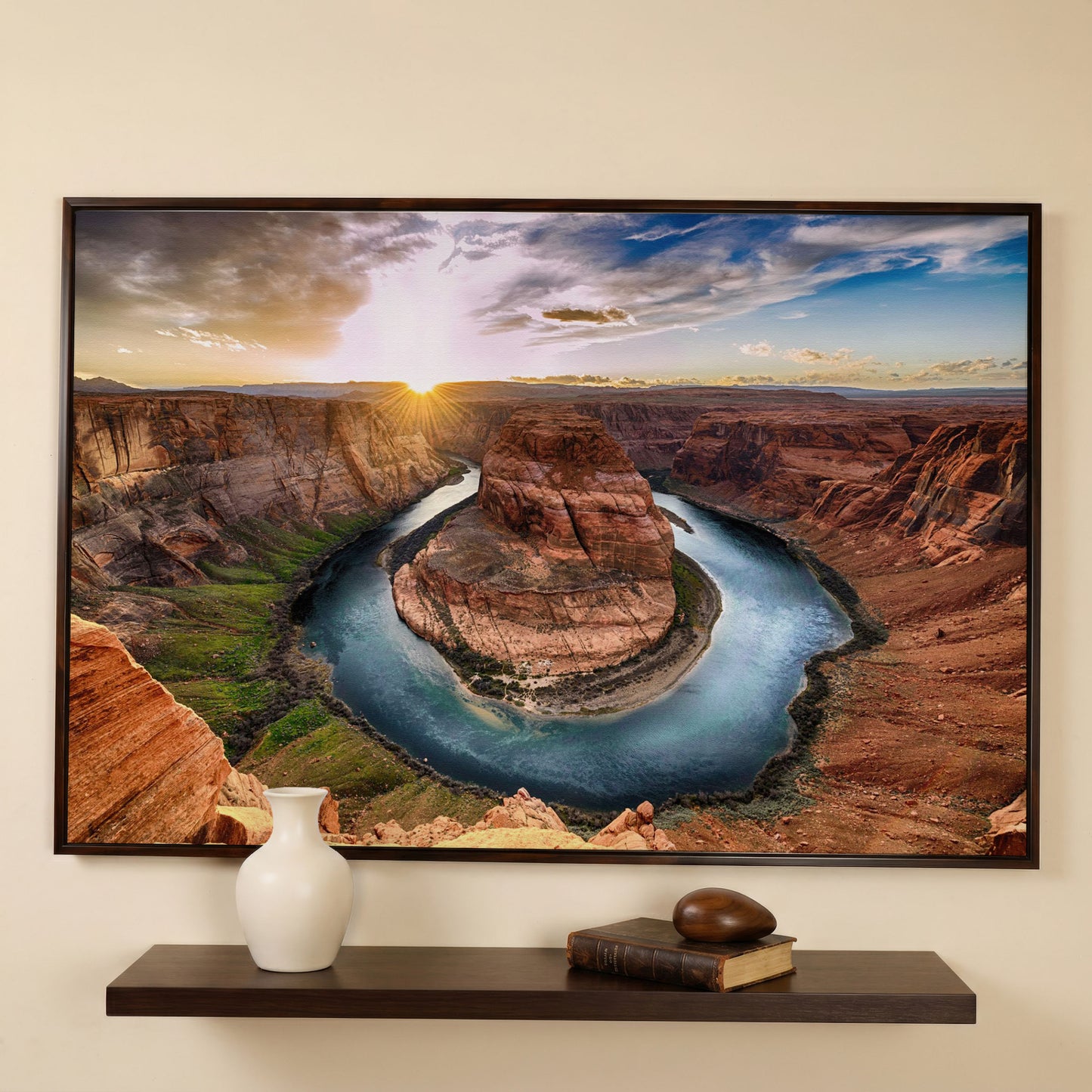 Horseshoe Bend Sunset Canvas Print. Grand Canyon Landscape in dark walnut floating frame