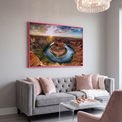 Horseshoe Bend Sunset Canvas Print. Grand Canyon Landscape in pink floating frame