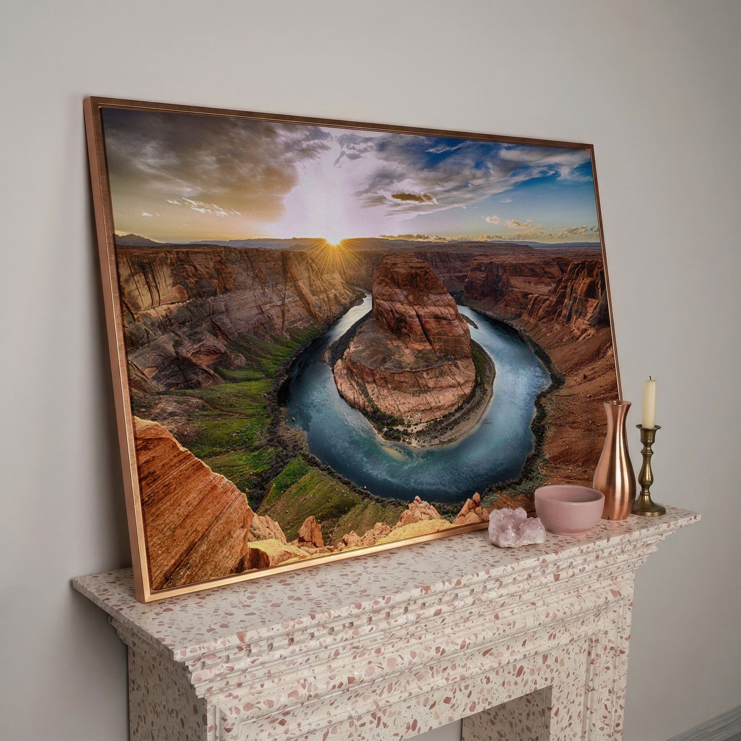 Horseshoe Bend Sunset Canvas Print. Grand Canyon Landscape in rose gold floating frame