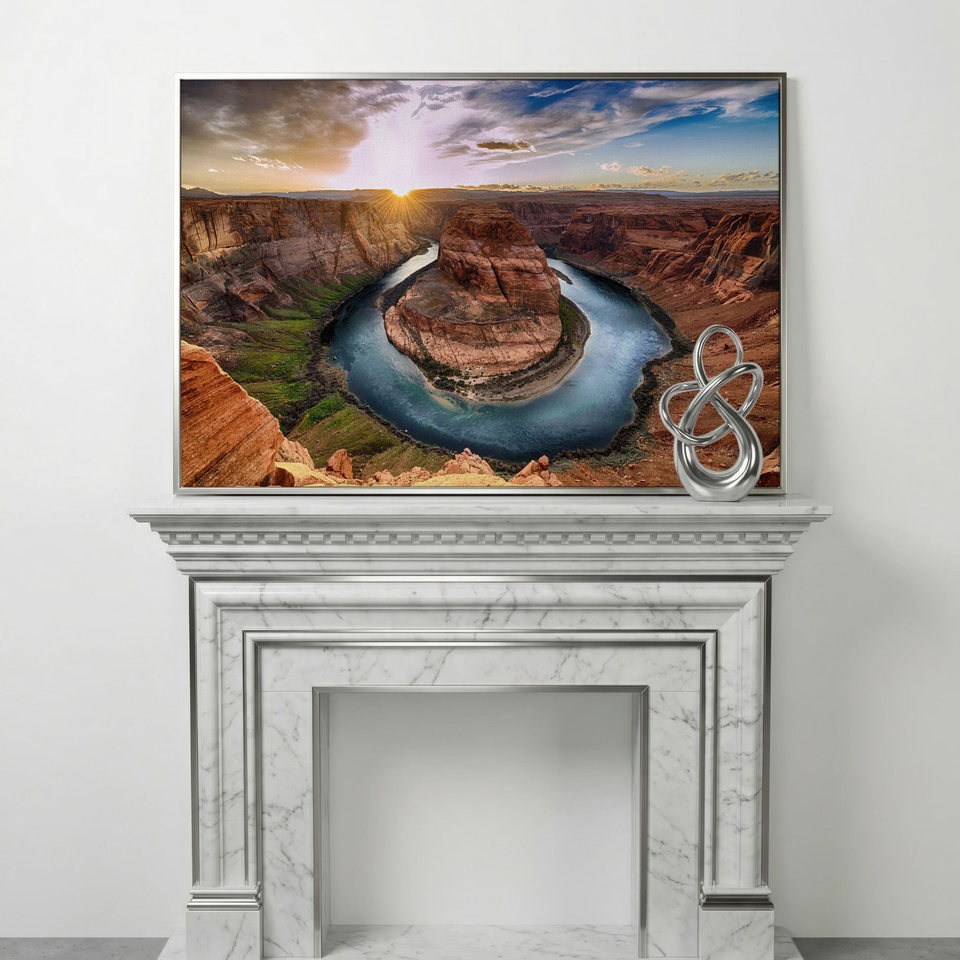 Horseshoe Bend Sunset Canvas Print. Grand Canyon Landscape in silver floating frame