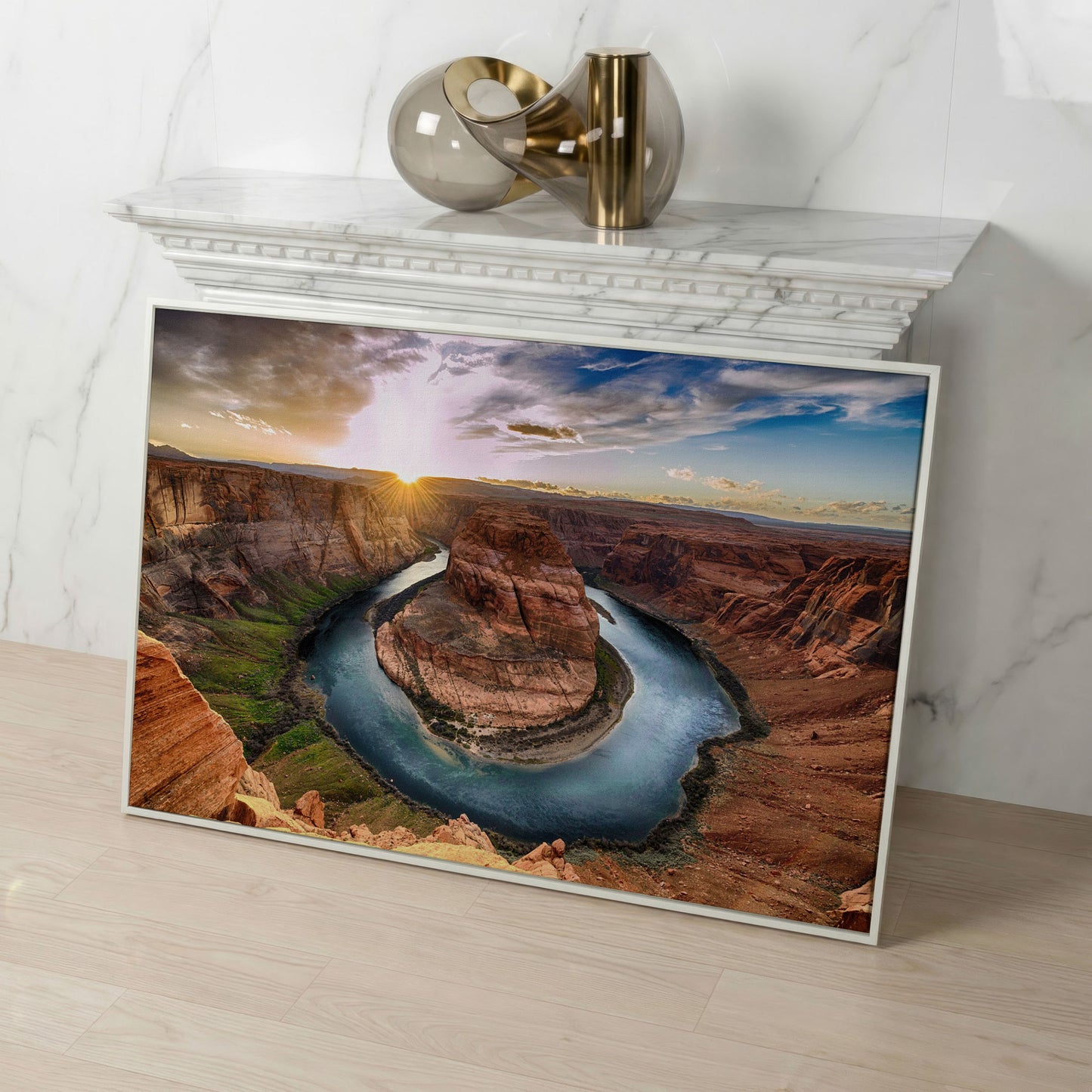 Horseshoe Bend Sunset Canvas Print. Grand Canyon Landscape in white floating frame