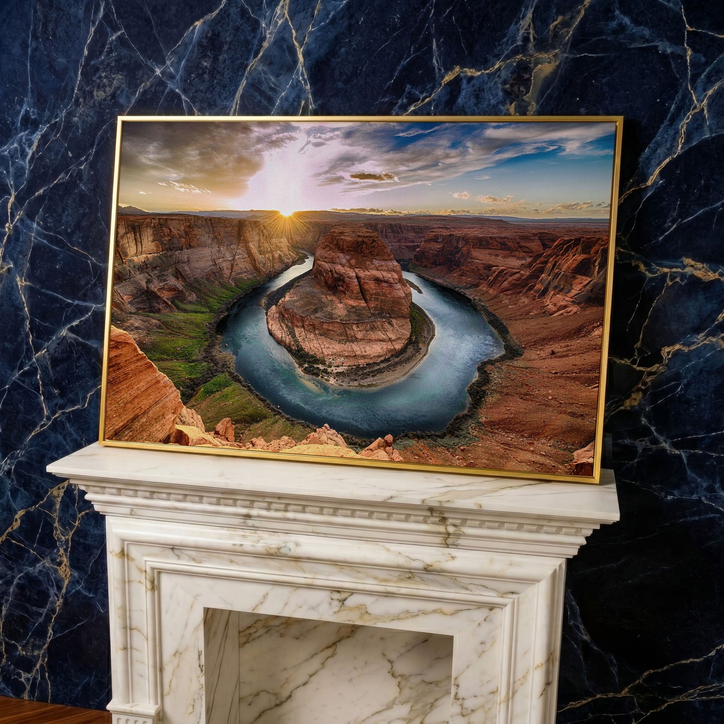 Horseshoe Bend Sunset Canvas Print. Grand Canyon Landscape in yellow gold floating frame