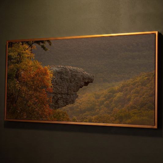 Ozark National Forest Sunrise Canvas shown in antique gold floating frame