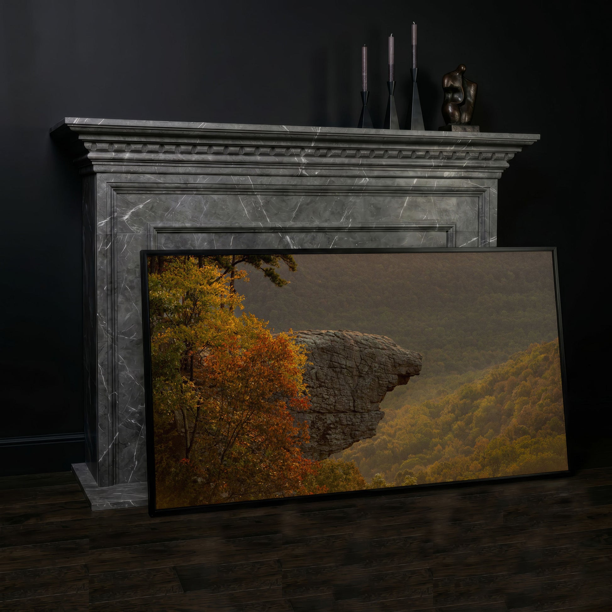 Ozark National Forest Sunrise Canvas in black floating frame